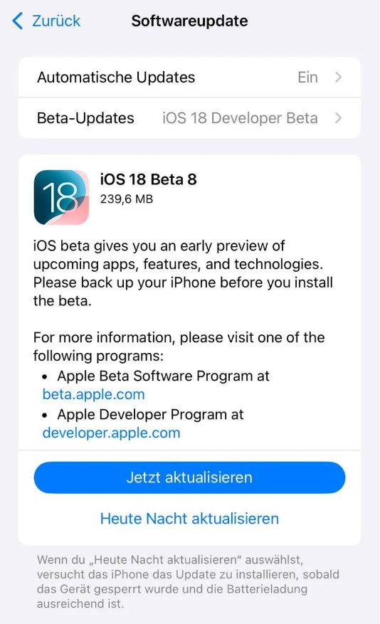 沛县苹果手机维修分享苹果 iOS / iPadOS 18 开发者预览版 Beta 8 发布 